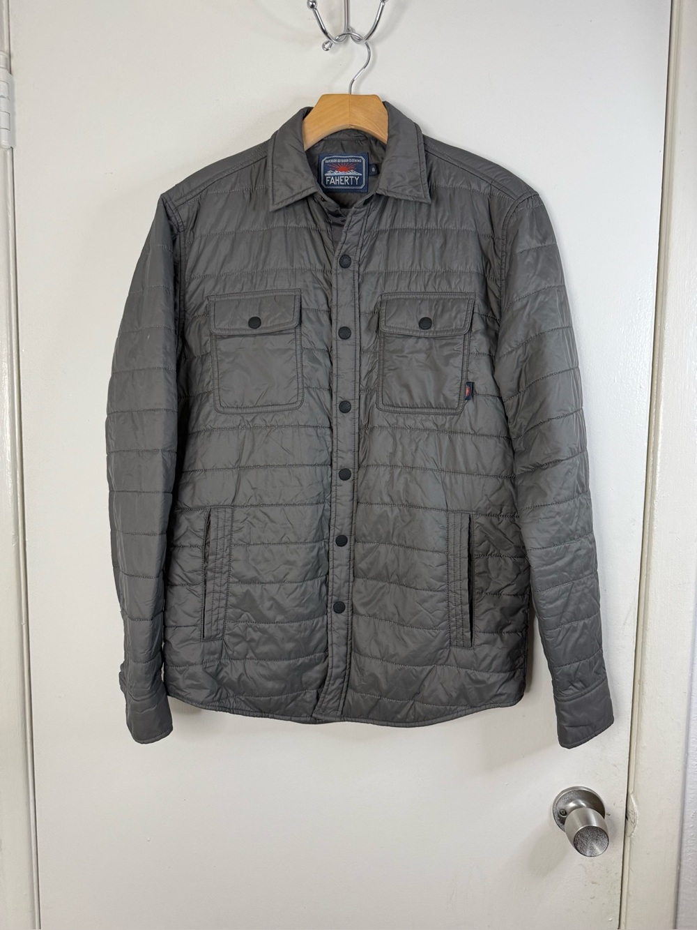 Faherty Atmosphere, men’s, gray, long sleeve, snap up, puffer shirt jacket S